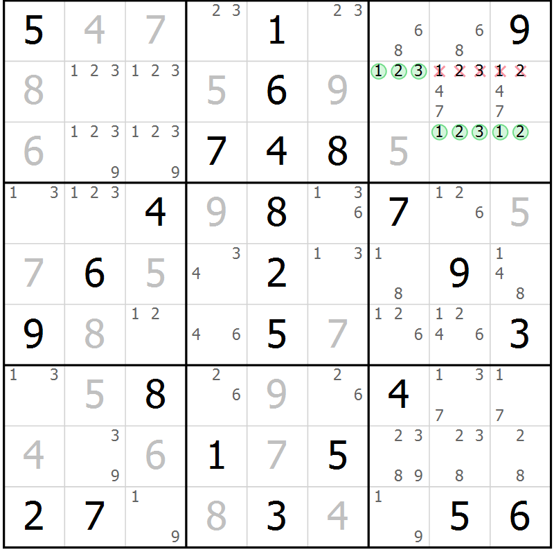 Position des candidats pour la solution de la Gr 68 page 71 du magazine de sudoku Virtuose n° 125