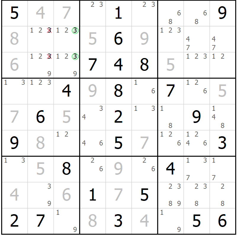 Position des candidats pour la solution de la Gr 68 page 71 du magazine de sudoku Virtuose n° 125