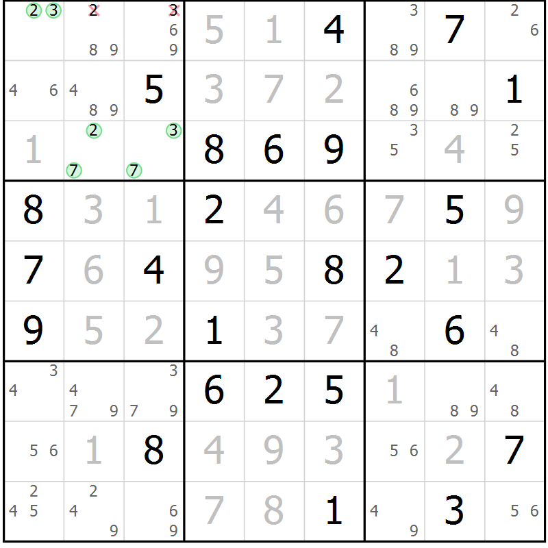 Position des candidats pour la solution de la Gr 69 page 72 du magazine de sudoku Virtuose n° 125