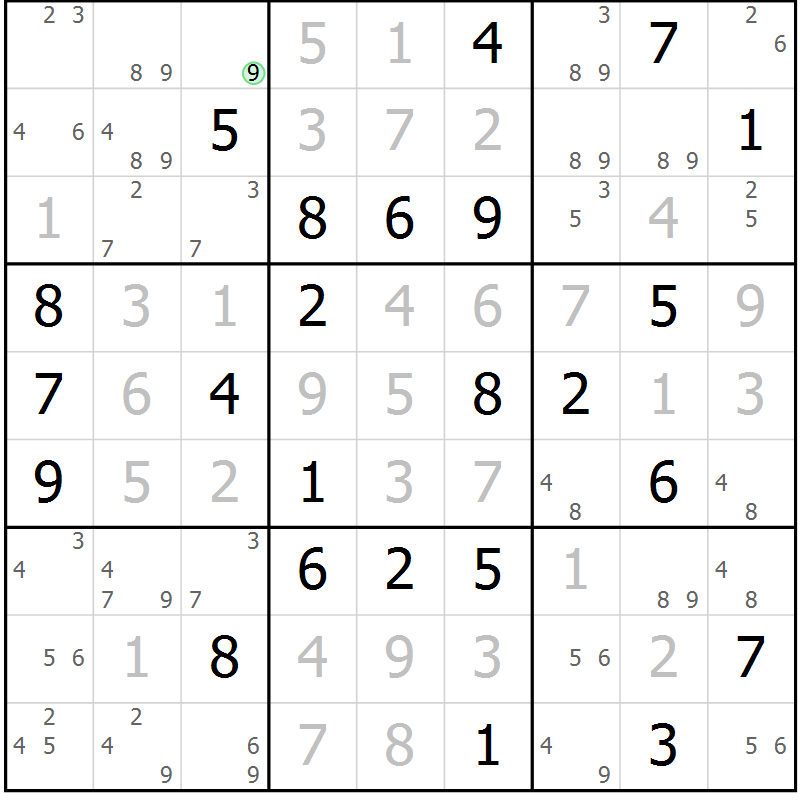 Position des candidats pour la solution de la Gr 69 page 72 du magazine de sudoku Virtuose n° 125