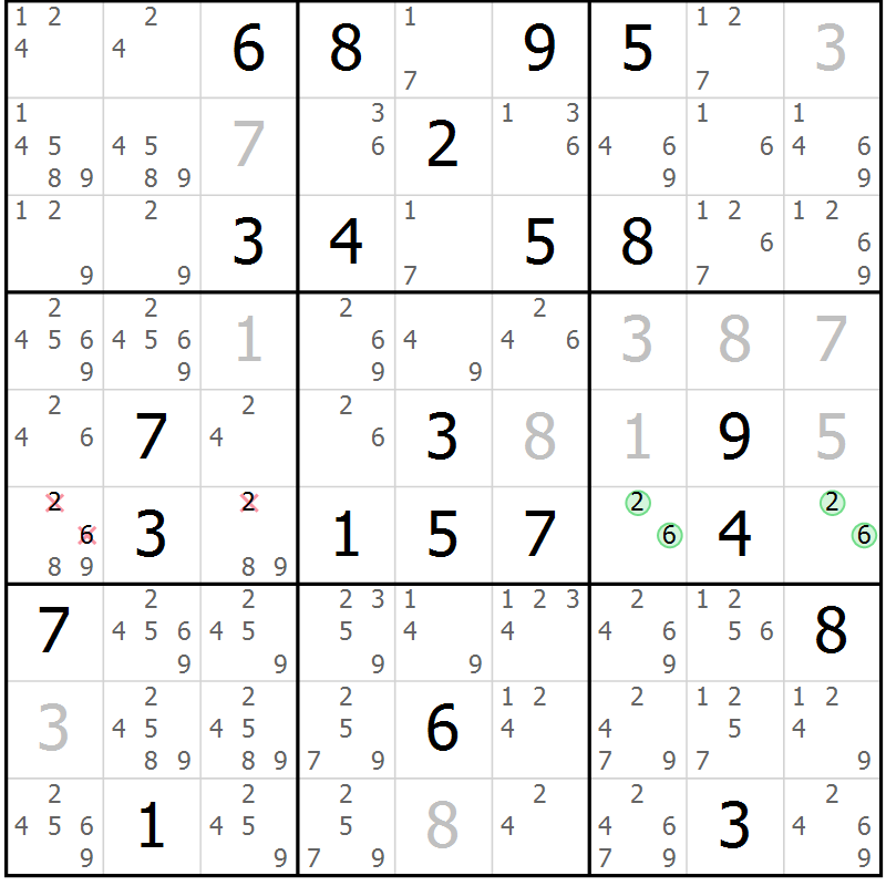 Position des candidats pour la solution de la Gr 7 page 10 du magazine de sudoku Virtuose n° 125