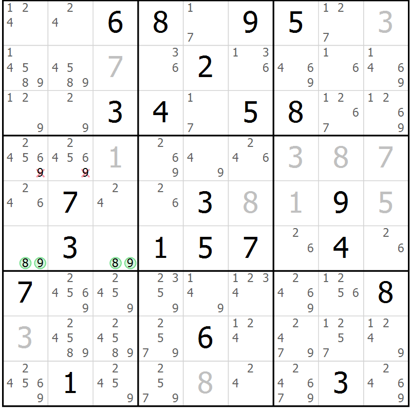 Position des candidats pour la solution de la Gr 7 page 10 du magazine de sudoku Virtuose n° 125
