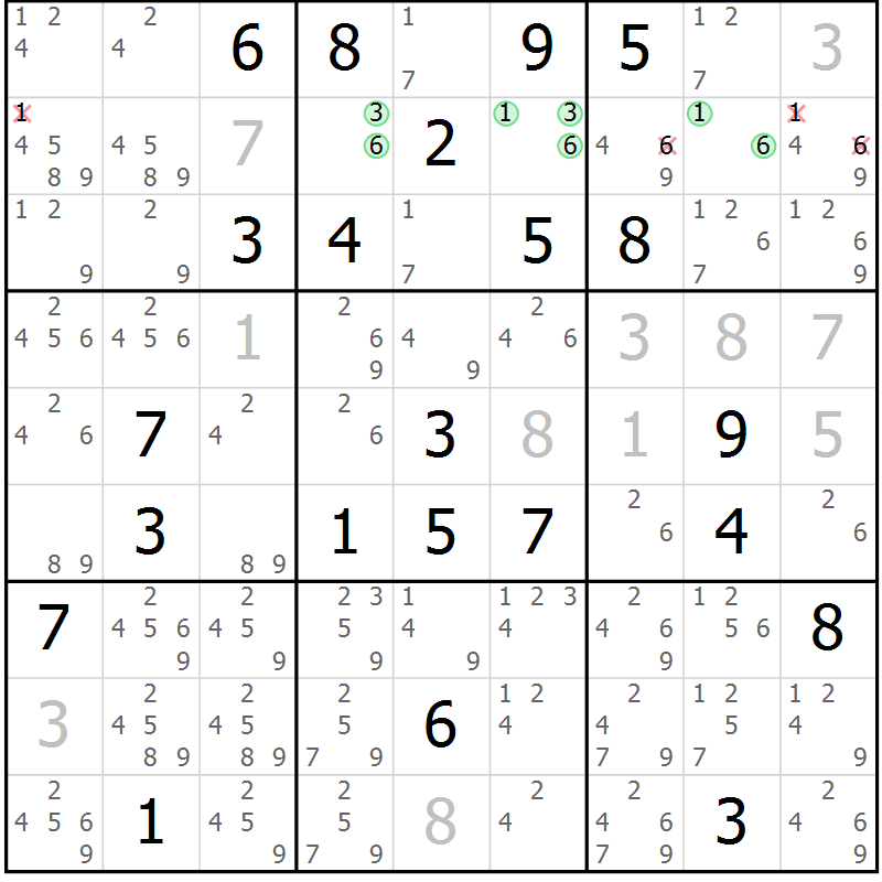 Position des candidats pour la solution de la Gr 7 page 10 du magazine de sudoku Virtuose n° 125