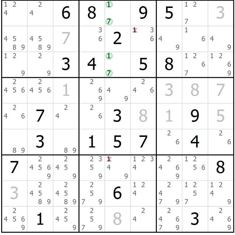 Position des candidats pour la solution de la Gr 7 page 10 du magazine de sudoku Virtuose n° 125