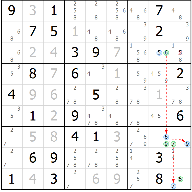 Position des candidats pour la solution de la Gr 70 page 73 du magazine de sudoku Virtuose n° 125