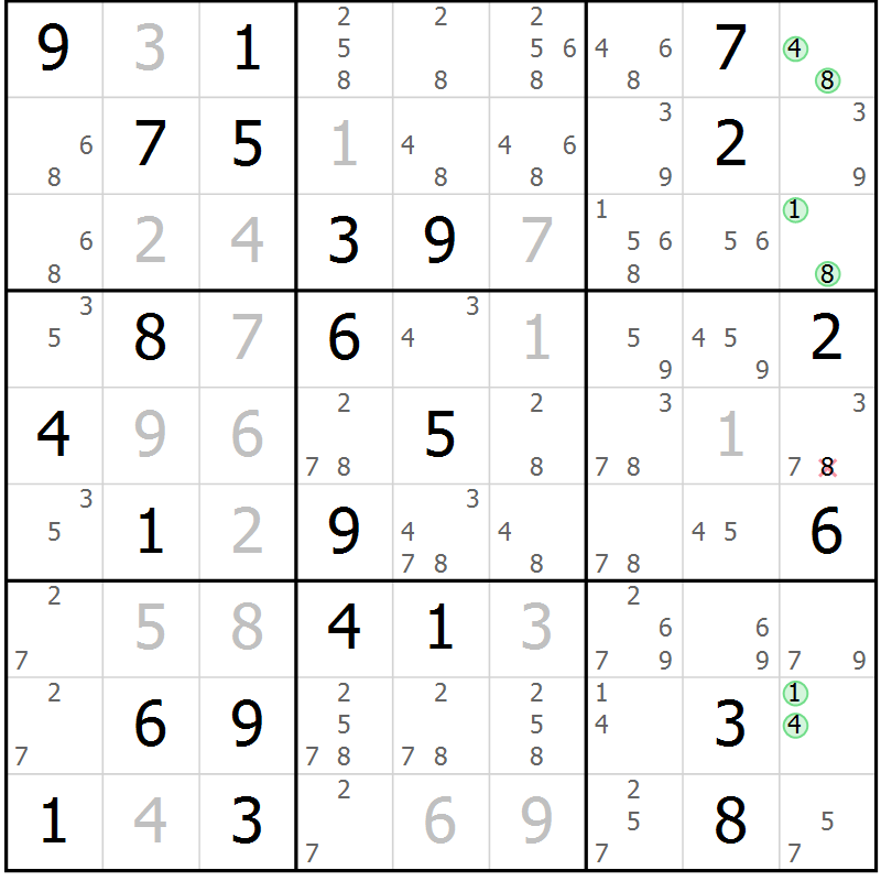 Position des candidats pour la solution de la Gr 70 page 73 du magazine de sudoku Virtuose n° 125