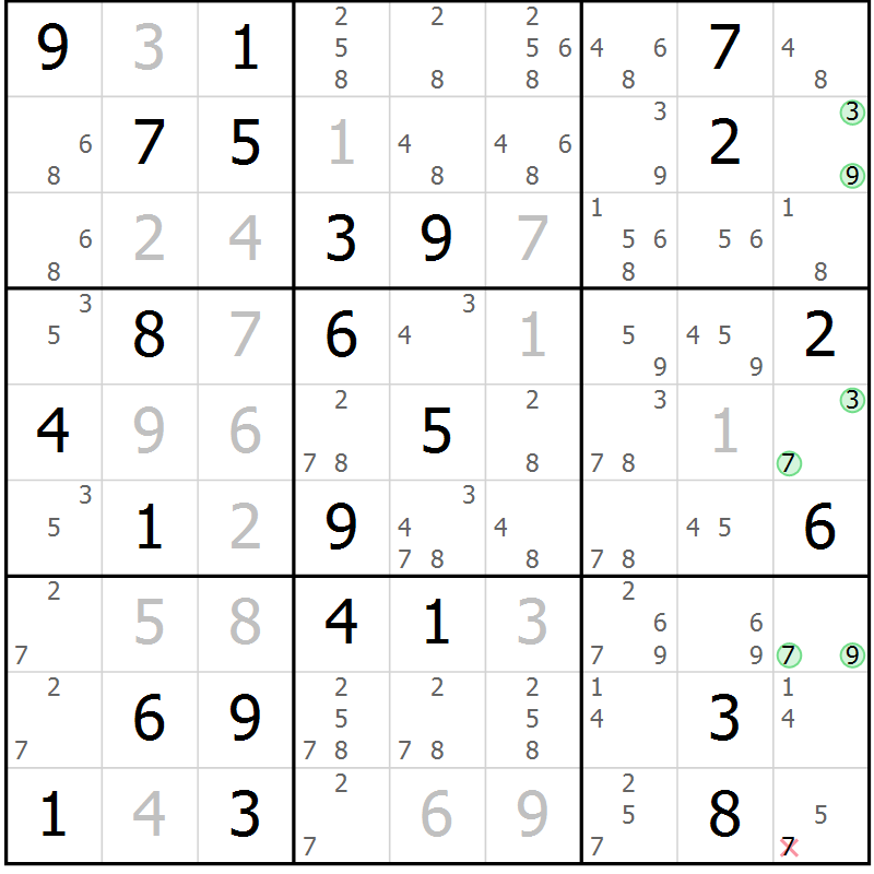 Position des candidats pour la solution de la Gr 70 page 73 du magazine de sudoku Virtuose n° 125