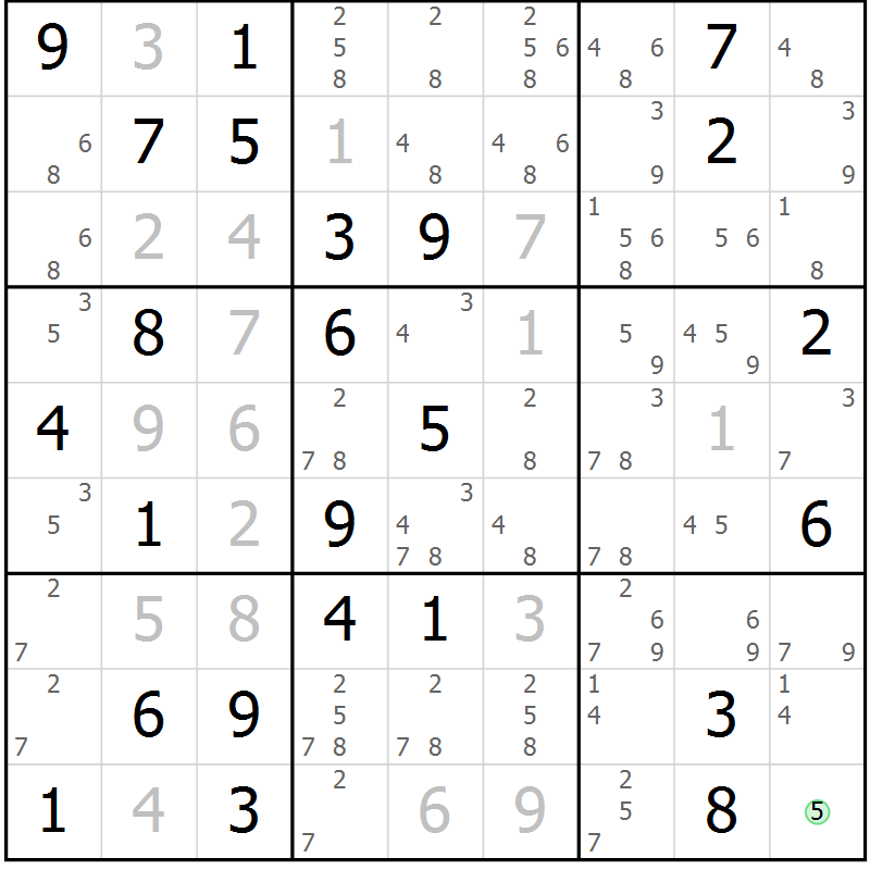 Position des candidats pour la solution de la Gr 70 page 73 du magazine de sudoku Virtuose n° 125