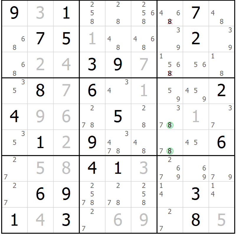 Position des candidats pour la solution de la Gr 70 page 73 du magazine de sudoku Virtuose n° 125