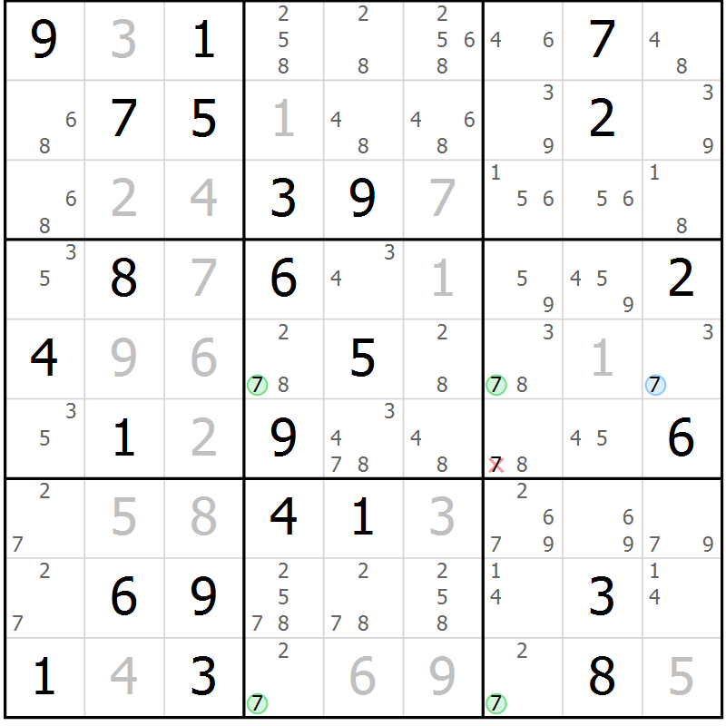 Position des candidats pour la solution de la Gr 70 page 73 du magazine de sudoku Virtuose n° 125