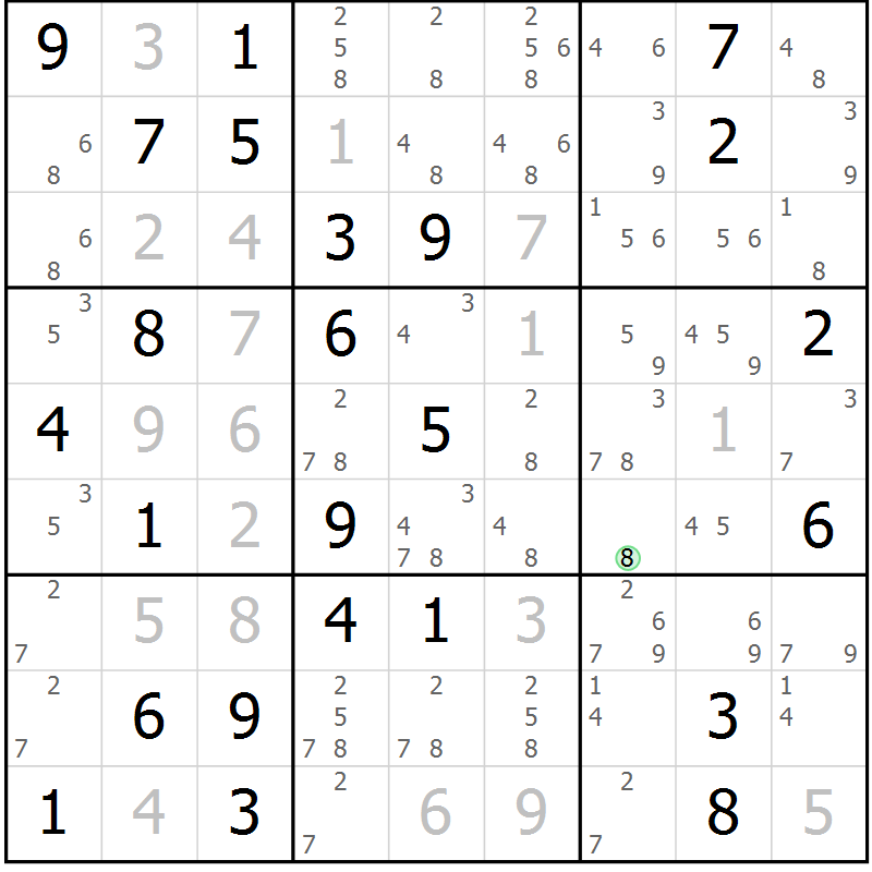 Position des candidats pour la solution de la Gr 70 page 73 du magazine de sudoku Virtuose n° 125