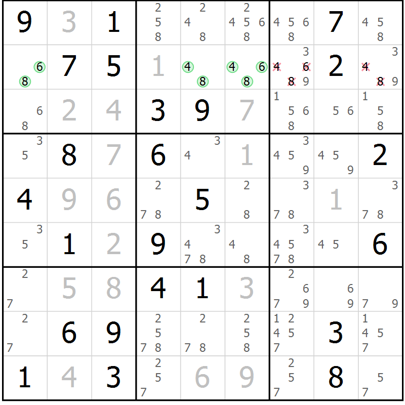 Position des candidats pour la solution de la Gr 70 page 73 du magazine de sudoku Virtuose n° 125