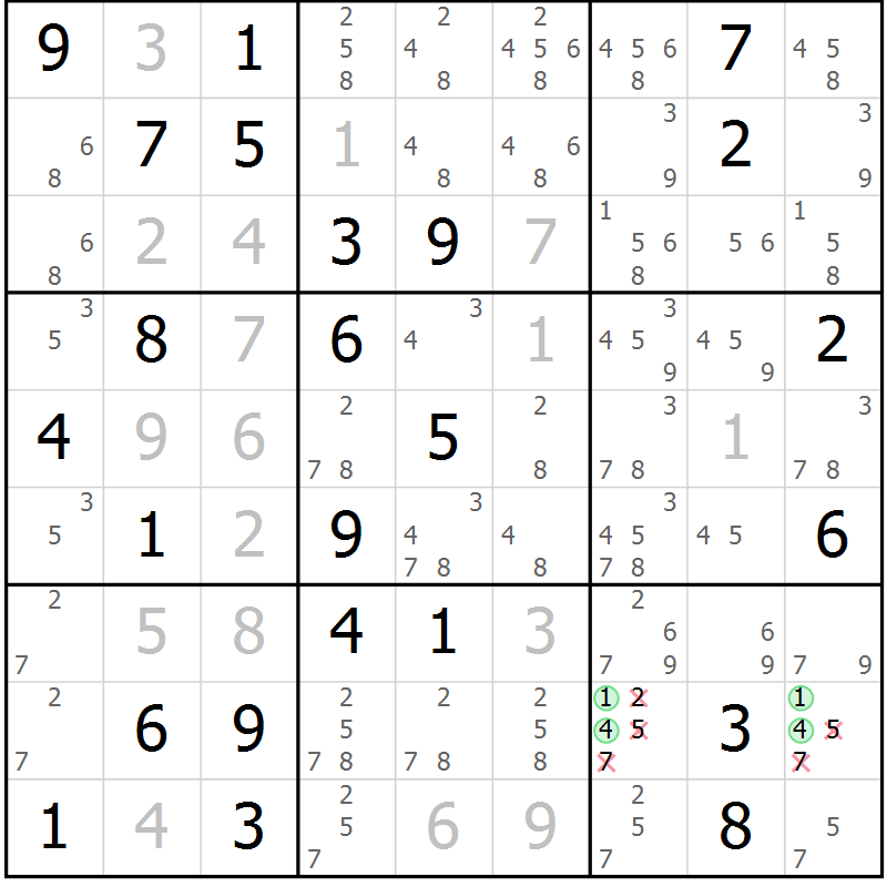 Position des candidats pour la solution de la Gr 70 page 73 du magazine de sudoku Virtuose n° 125