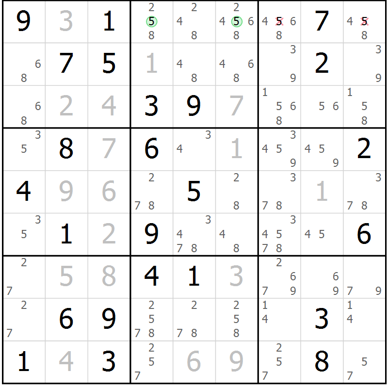 Position des candidats pour la solution de la Gr 70 page 73 du magazine de sudoku Virtuose n° 125
