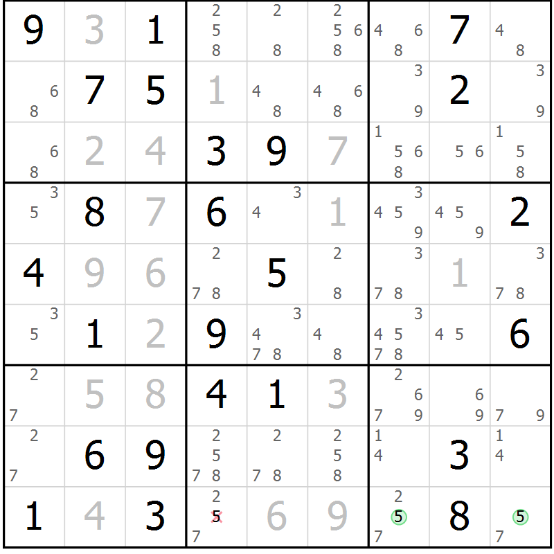 Position des candidats pour la solution de la Gr 70 page 73 du magazine de sudoku Virtuose n° 125