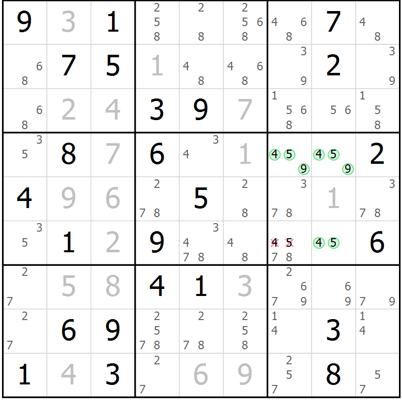Position des candidats pour la solution de la Gr 70 page 73 du magazine de sudoku Virtuose n° 125
