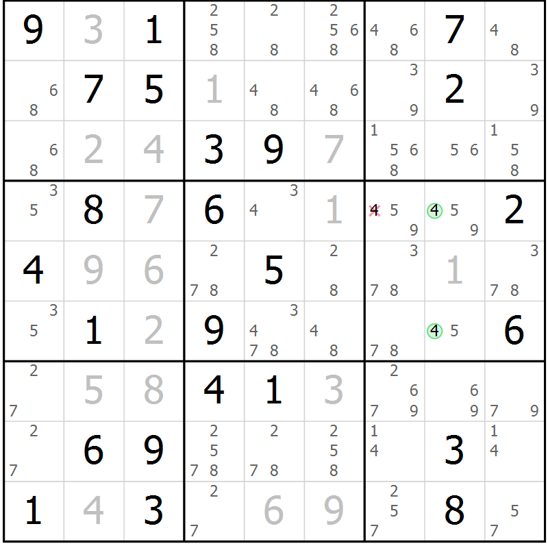 Position des candidats pour la solution de la Gr 70 page 73 du magazine de sudoku Virtuose n° 125