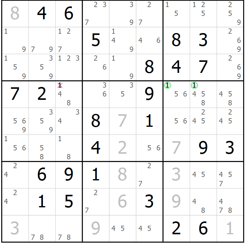 Position des candidats pour la solution de la Gr 71 page 74 du magazine de sudoku Virtuose n° 125