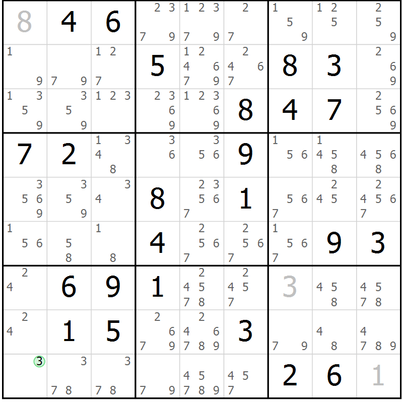 Position des candidats pour la solution de la Gr 71 page 74 du magazine de sudoku Virtuose n° 125