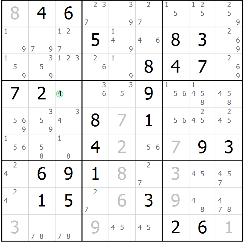 Position des candidats pour la solution de la Gr 71 page 74 du magazine de sudoku Virtuose n° 125