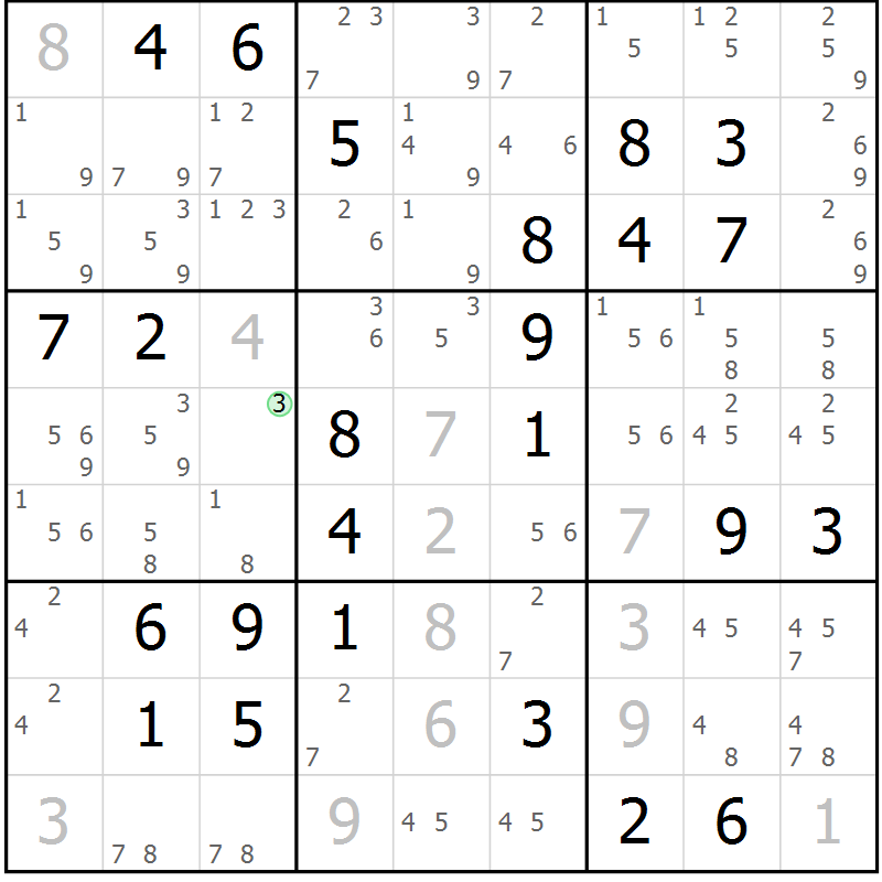 Position des candidats pour la solution de la Gr 71 page 74 du magazine de sudoku Virtuose n° 125