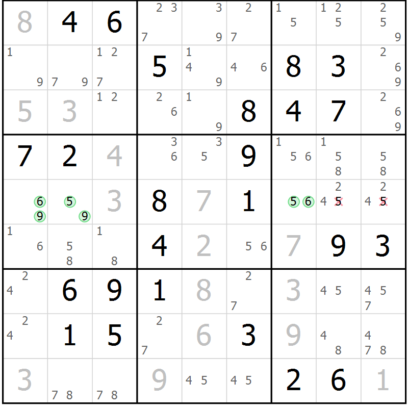 Position des candidats pour la solution de la Gr 71 page 74 du magazine de sudoku Virtuose n° 125