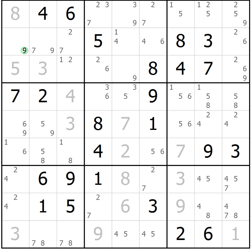 Position des candidats pour la solution de la Gr 71 page 74 du magazine de sudoku Virtuose n° 125