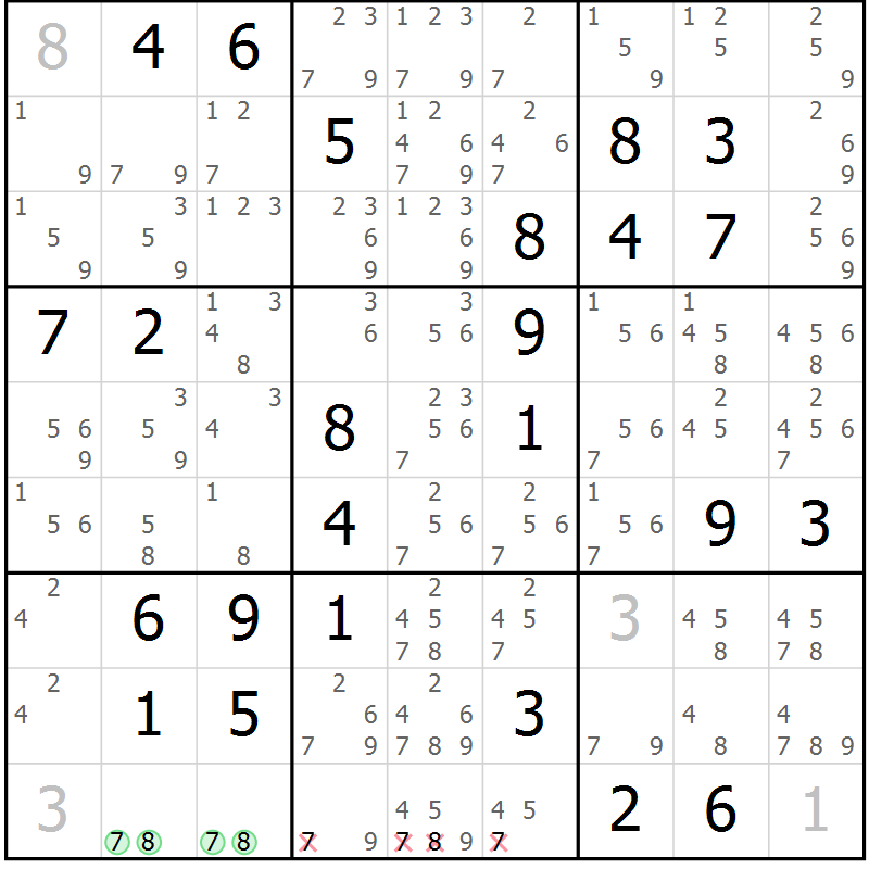 Position des candidats pour la solution de la Gr 71 page 74 du magazine de sudoku Virtuose n° 125