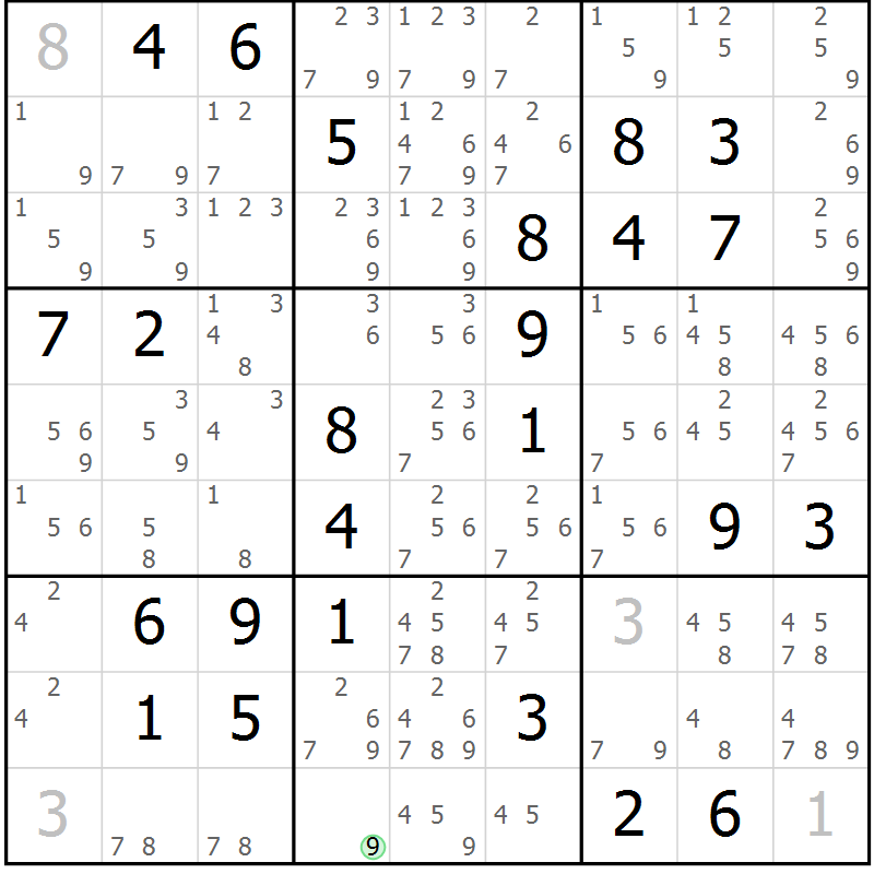 Position des candidats pour la solution de la Gr 71 page 74 du magazine de sudoku Virtuose n° 125