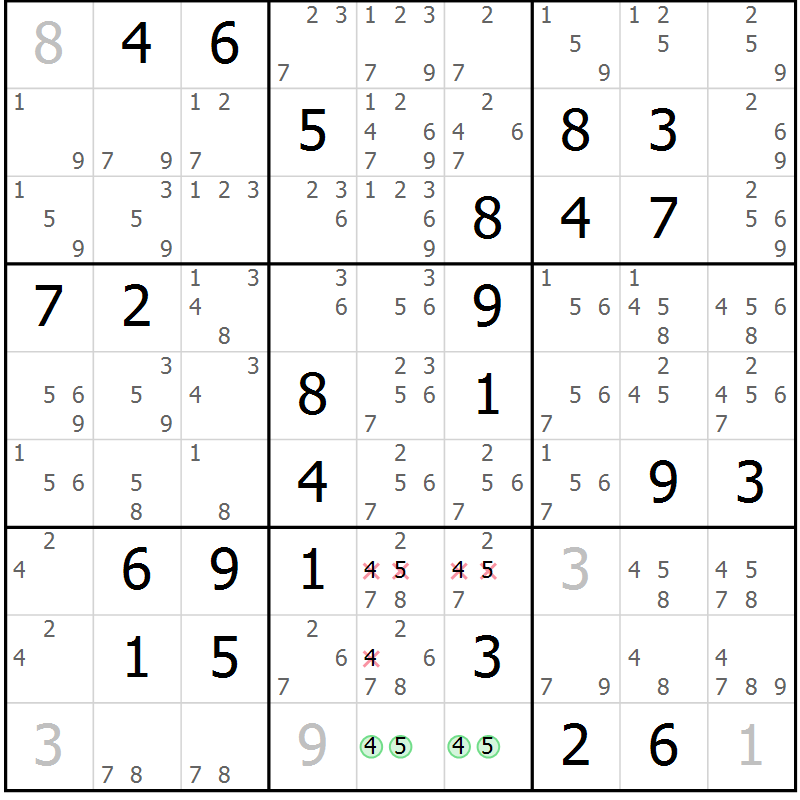 Position des candidats pour la solution de la Gr 71 page 74 du magazine de sudoku Virtuose n° 125