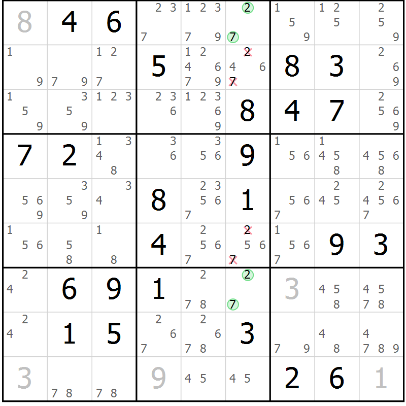 Position des candidats pour la solution de la Gr 71 page 74 du magazine de sudoku Virtuose n° 125