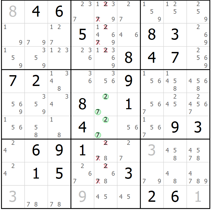 Position des candidats pour la solution de la Gr 71 page 74 du magazine de sudoku Virtuose n° 125