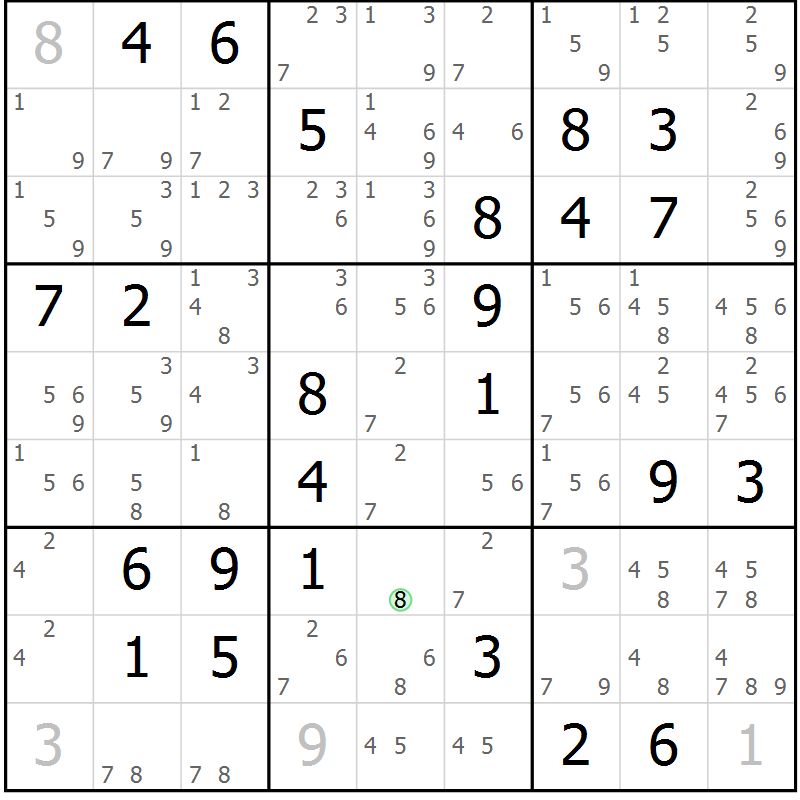 Position des candidats pour la solution de la Gr 71 page 74 du magazine de sudoku Virtuose n° 125