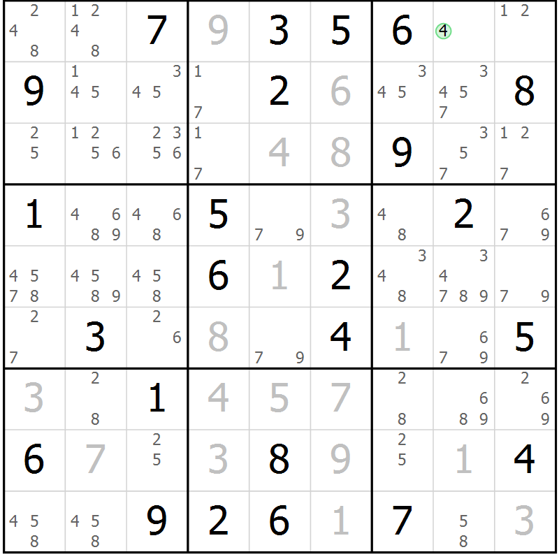 Position des candidats pour la solution de la Gr 72 page 75 du magazine de sudoku Virtuose n° 125