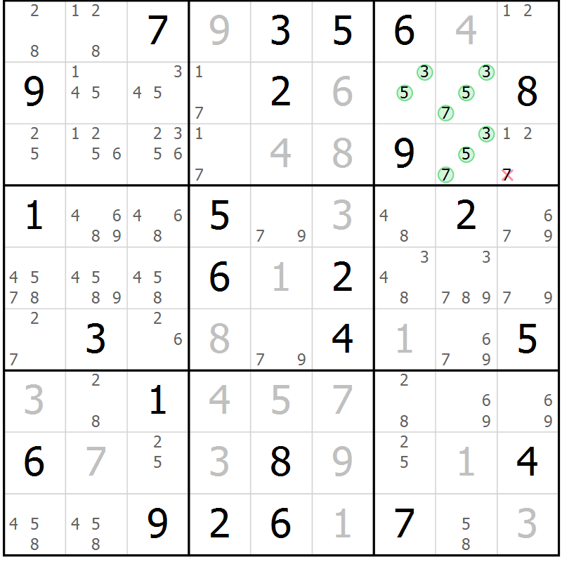 Position des candidats pour la solution de la Gr 72 page 75 du magazine de sudoku Virtuose n° 125