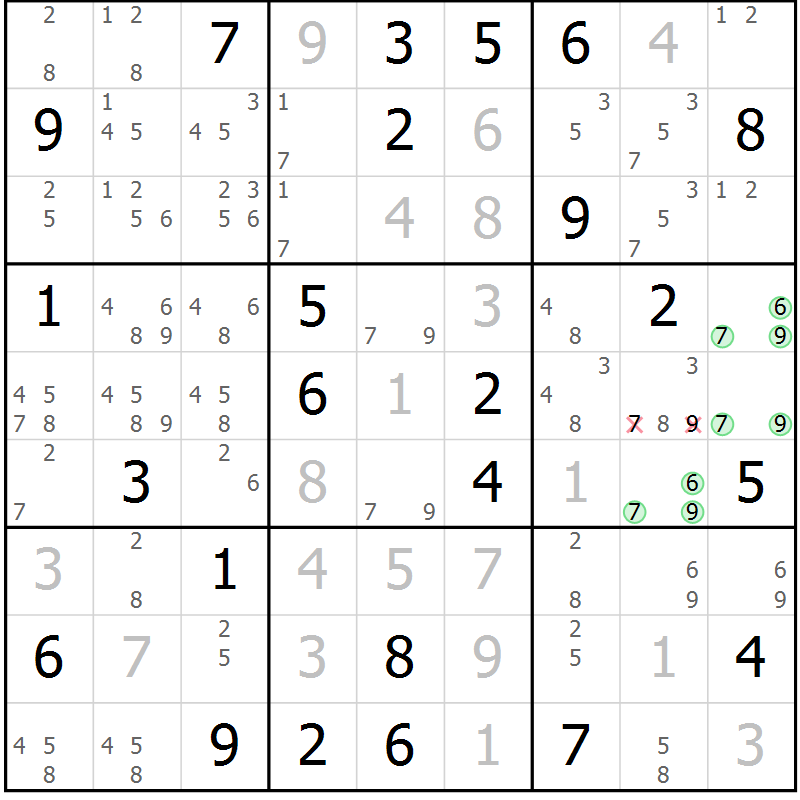 Position des candidats pour la solution de la Gr 72 page 75 du magazine de sudoku Virtuose n° 125