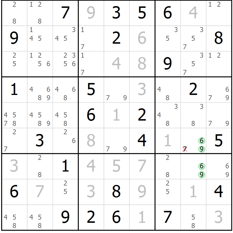 Position des candidats pour la solution de la Gr 72 page 75 du magazine de sudoku Virtuose n° 125