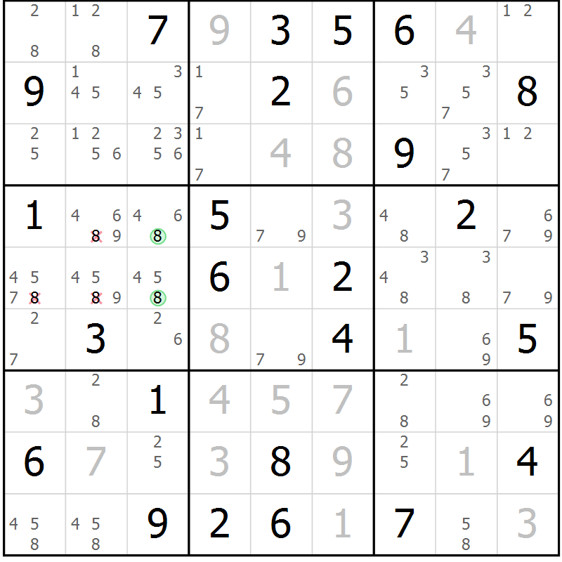 Position des candidats pour la solution de la Gr 72 page 75 du magazine de sudoku Virtuose n° 125