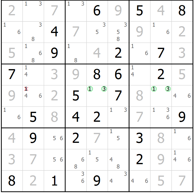 Position des candidats pour la solution de la Gr 73 page 76 du magazine de sudoku Virtuose n° 125