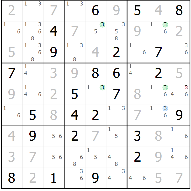 Position des candidats pour la solution de la Gr 73 page 76 du magazine de sudoku Virtuose n° 125