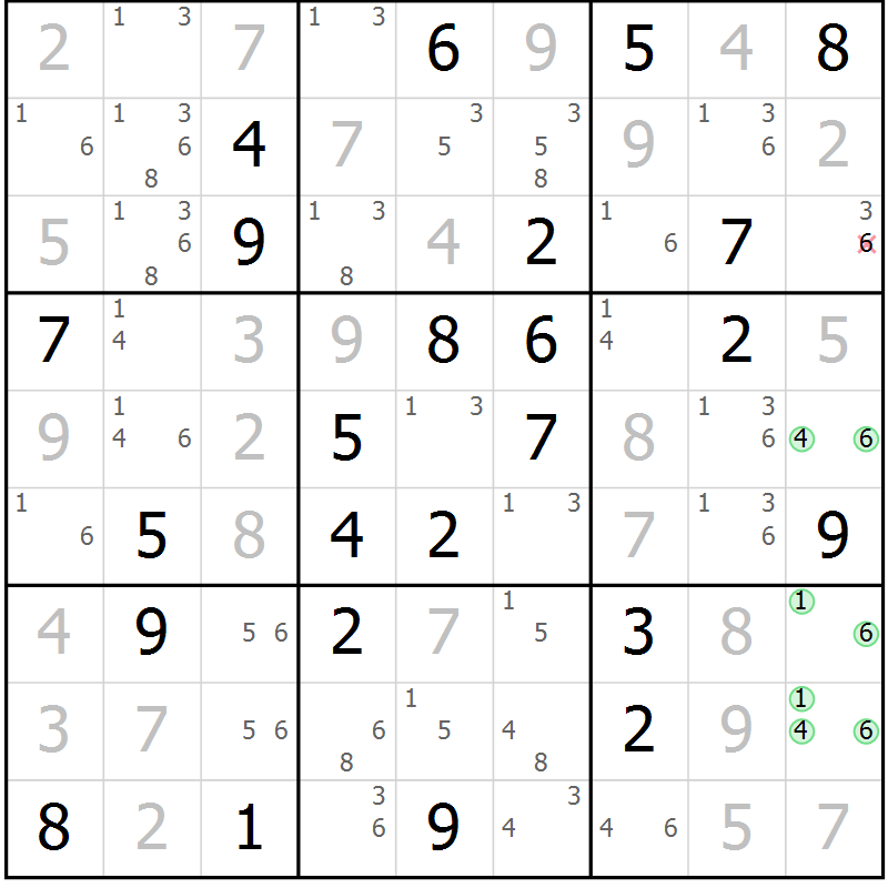 Position des candidats pour la solution de la Gr 73 page 76 du magazine de sudoku Virtuose n° 125