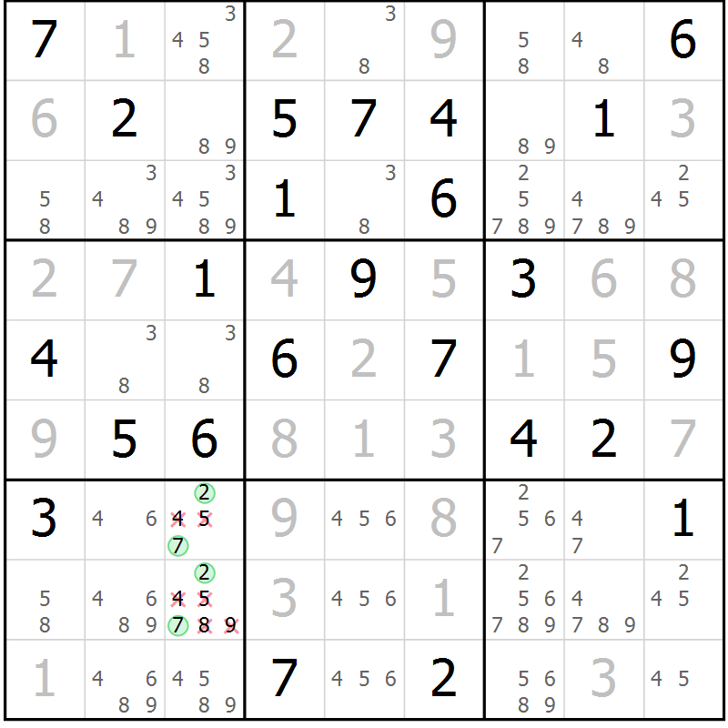Position des candidats pour la solution de la Gr 74 page 77 du magazine de sudoku Virtuose n° 125