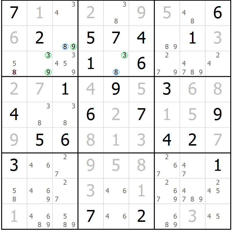 Position des candidats pour la solution de la Gr 74 page 77 du magazine de sudoku Virtuose n° 125