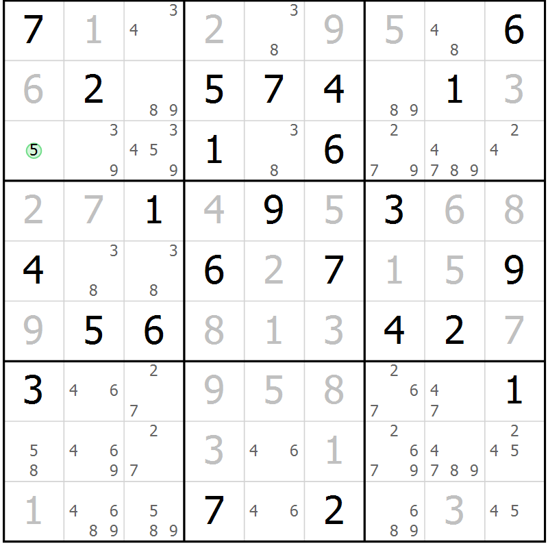 Position des candidats pour la solution de la Gr 74 page 77 du magazine de sudoku Virtuose n° 125