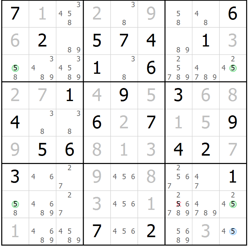 Position des candidats pour la solution de la Gr 74 page 77 du magazine de sudoku Virtuose n° 125