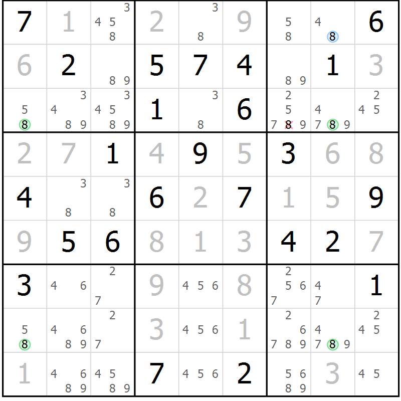 Position des candidats pour la solution de la Gr 74 page 77 du magazine de sudoku Virtuose n° 125