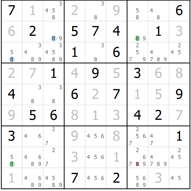 Position des candidats pour la solution de la Gr 74 page 77 du magazine de sudoku Virtuose n° 125