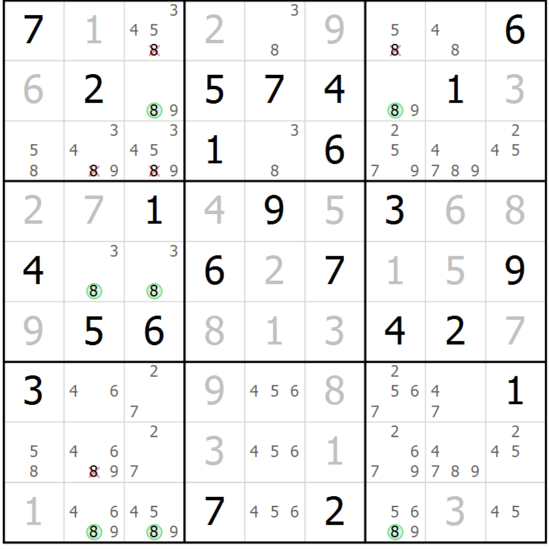 Position des candidats pour la solution de la Gr 74 page 77 du magazine de sudoku Virtuose n° 125