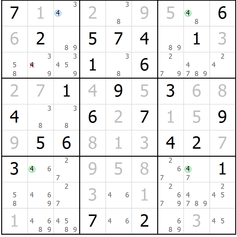 Position des candidats pour la solution de la Gr 74 page 77 du magazine de sudoku Virtuose n° 125