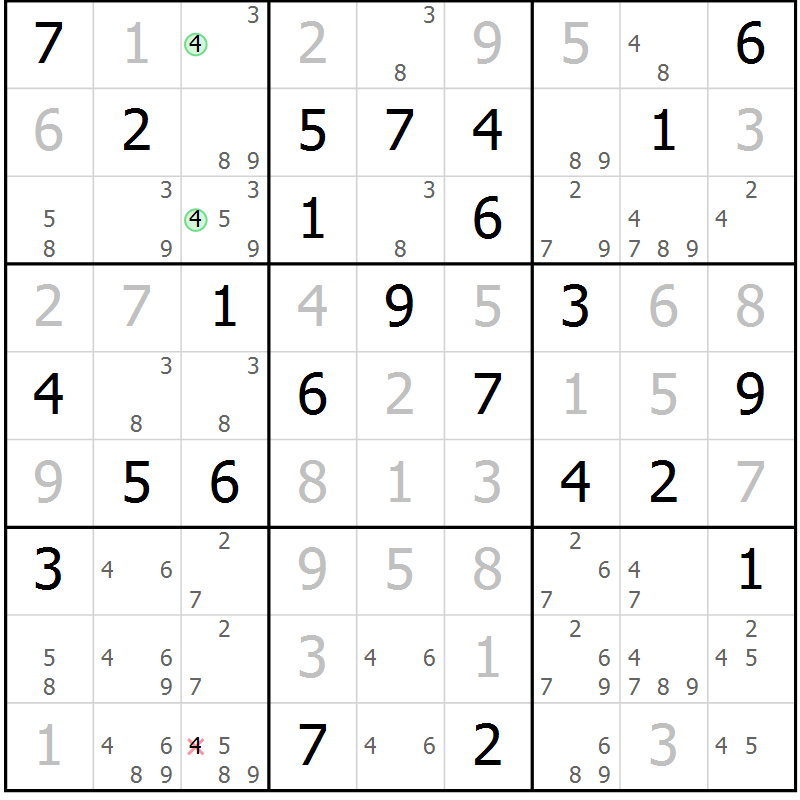 Position des candidats pour la solution de la Gr 74 page 77 du magazine de sudoku Virtuose n° 125